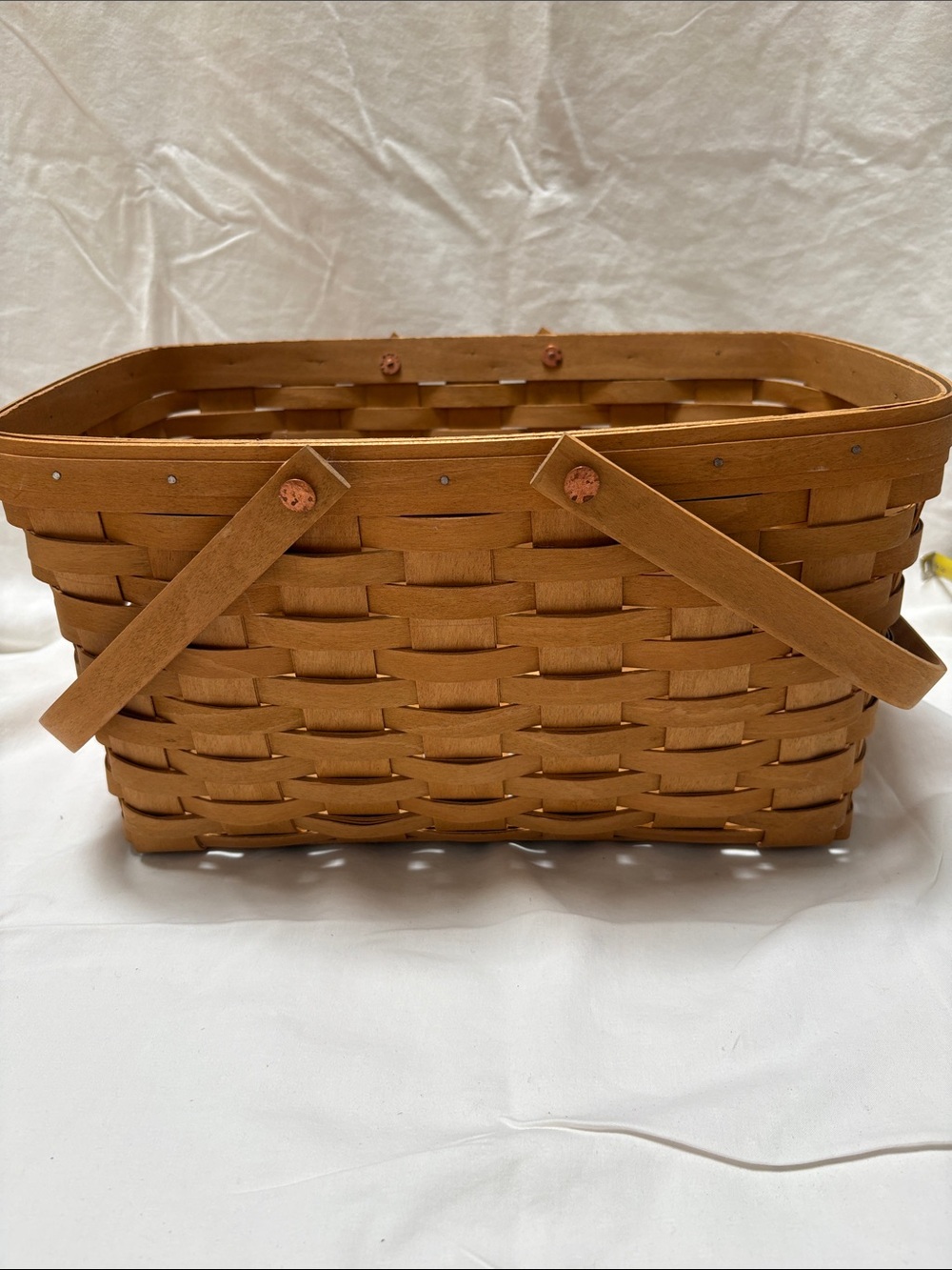Longaberger wood market basket with hinged handles and plastic inserts